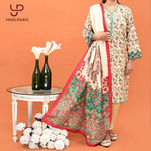 Light Cream Printed Three-Piece Ladies Suit with Detailed Border