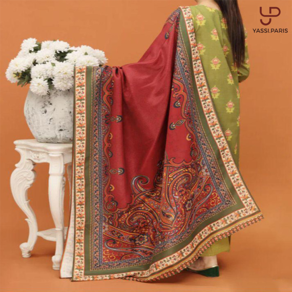Olive Green Printed Ladies Suit with Maroon Dupatta - Image 3