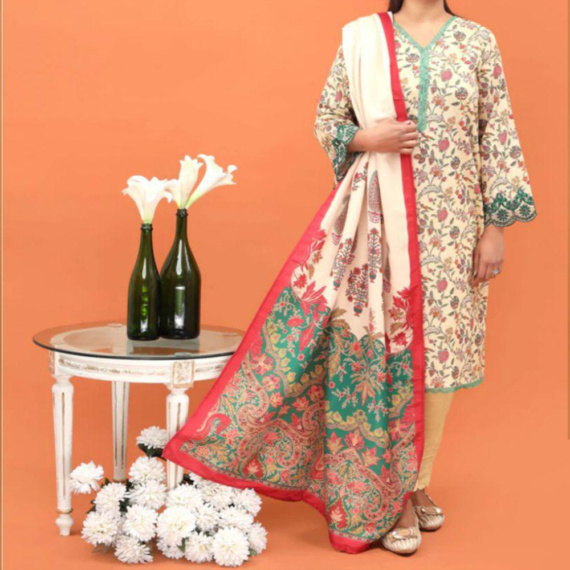 Light Cream Printed Three-Piece Ladies Suit with Detailed Border - Image 4