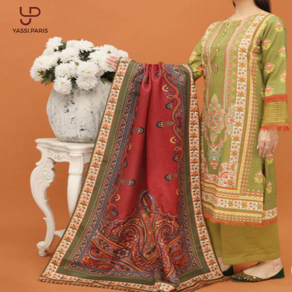 Olive Green Printed Ladies Suit with Maroon Dupatta - Image 4