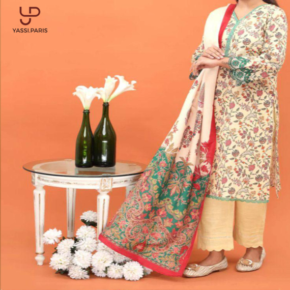 Light Cream Printed Three-Piece Ladies Suit with Detailed Border - Image 3