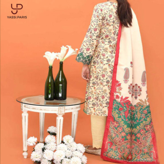 Light Cream Printed Three-Piece Ladies Suit with Detailed Border - Image 2